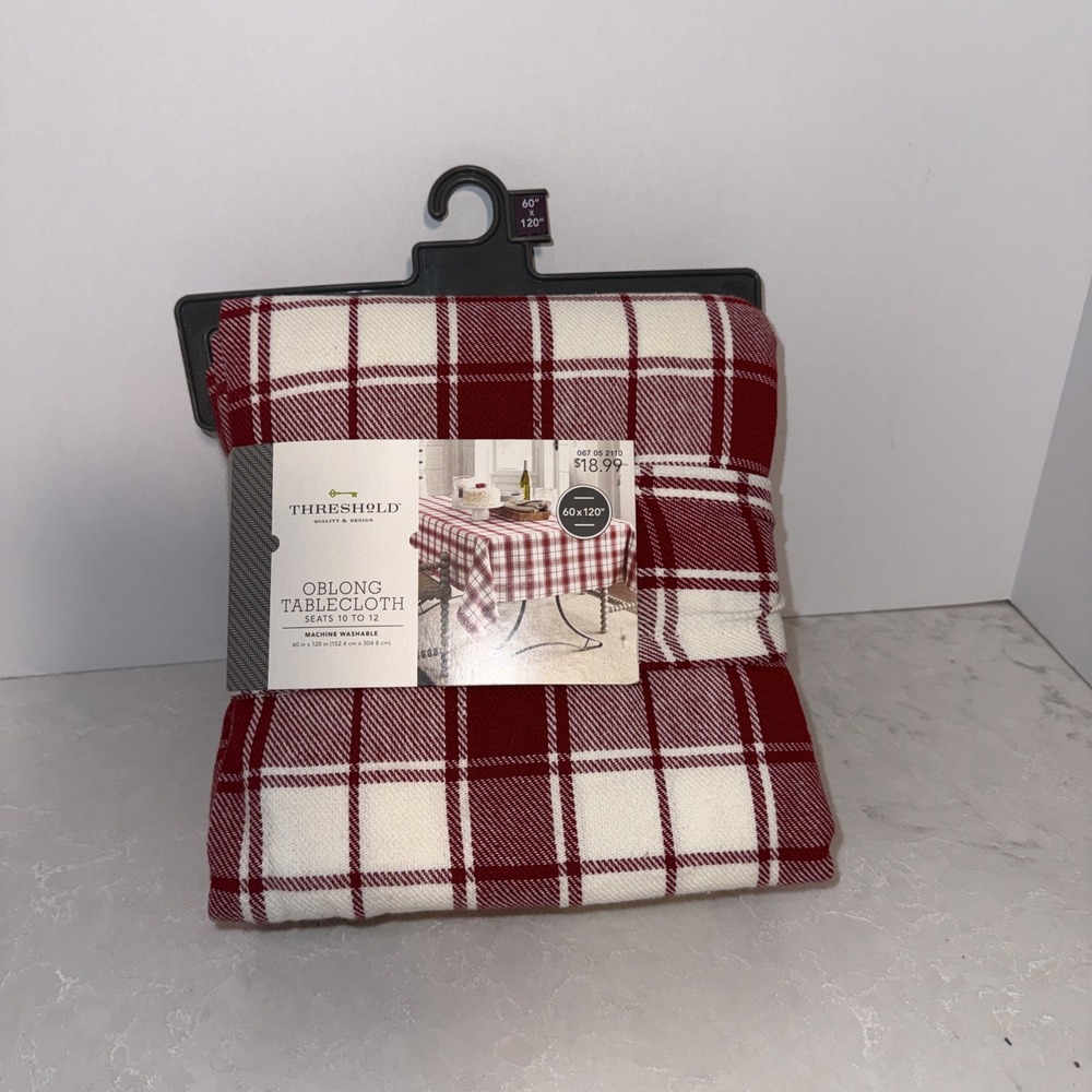 Threshold Plaid Cotton Tablecloth White Red Checked Pattern Oblong NWT 60X120"